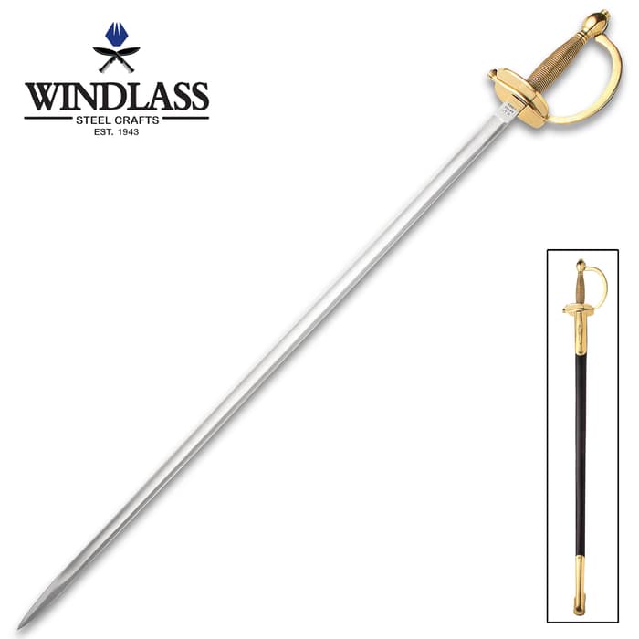 1840 Army NCO Sword With Leather Scabbard - Accurate Replica, Blade Has Fuller, Cast Brass Hilt, Ribbed Grip