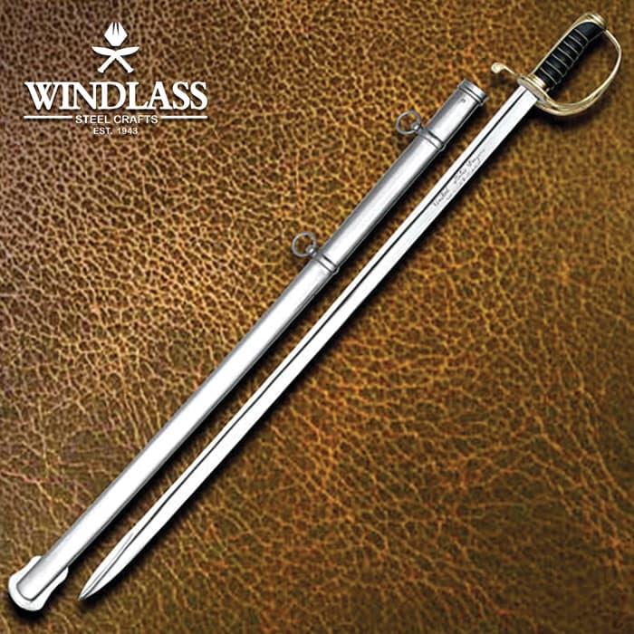 Texas Dragoon Saber With Scabbard - 1065 High Carbon Steel Blade, Leather Handle, Wire-Wrapped, Solid Brass Hilt