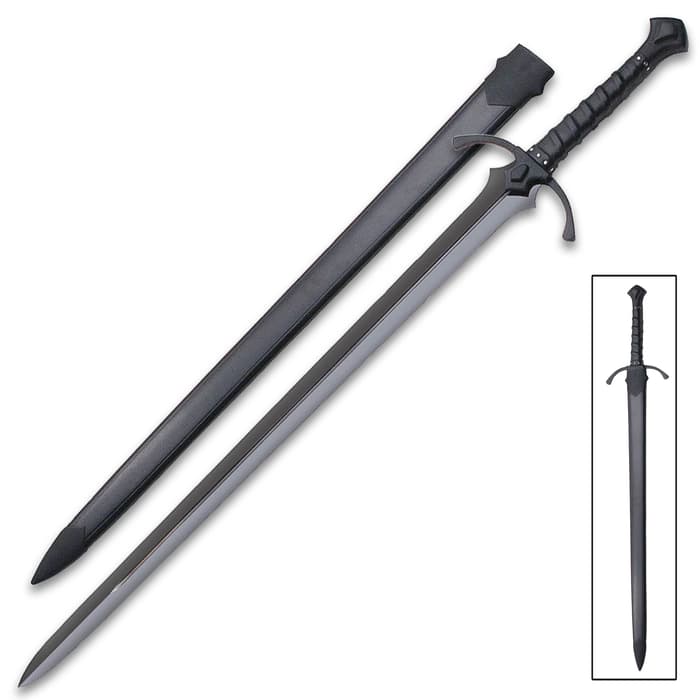 Black sword with high carbon blade and wooden handle wrapped with leather lays adjacent to black scabbard

