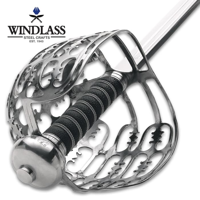 Eglinton Basket Hilt Back Sword With Scabbard - Double Fuller Blade, Genuine Ray Skin And Wire-Wrapped Handle - Length 39”