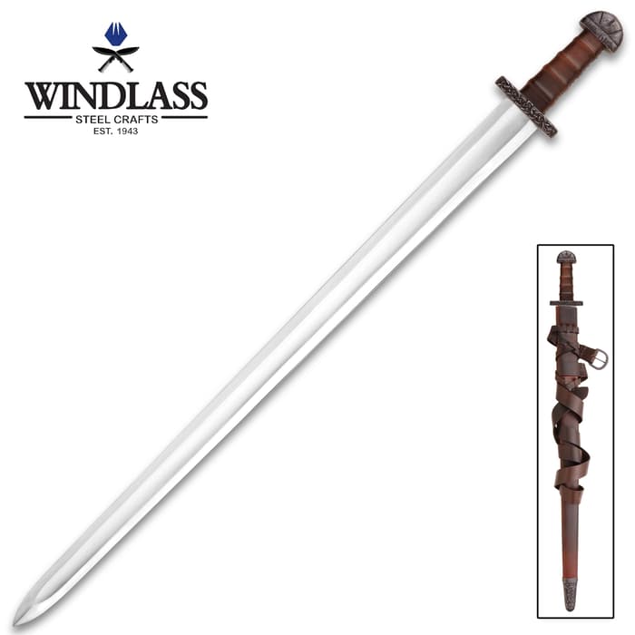 The Ashdown Viking Sword And Scabbard - High Carbon Steel Blade, Extra-Wide Fuller, Steel Crossguard, Leather-Wrapped Handle