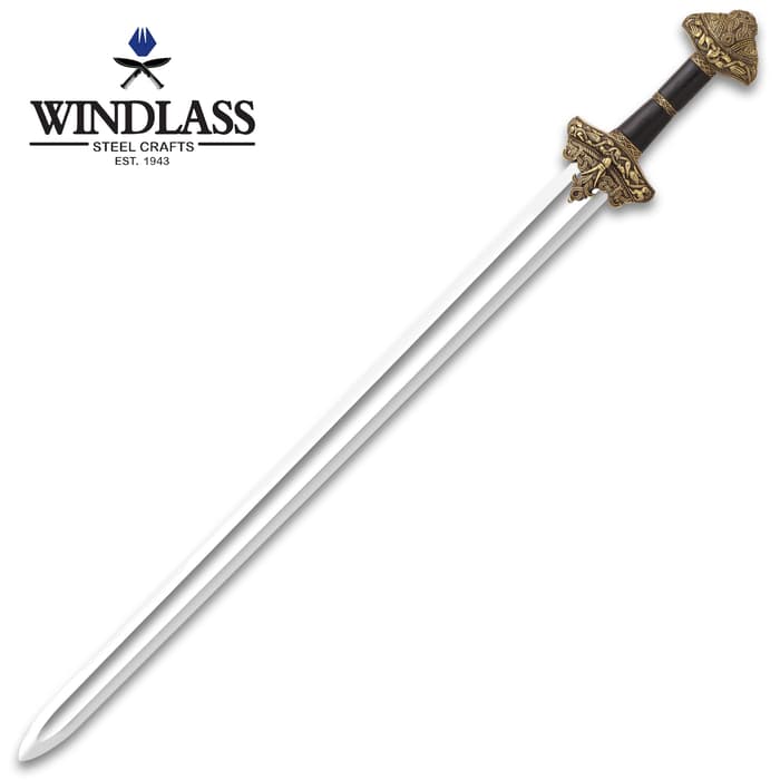 Leif Erikson Replica Sword With Scabbard - High Carbon Steel Blade, Wide Fuller, Leather-Wrapped Handle, Sculpted Guard