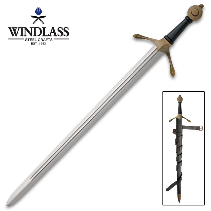 Bannockburn Sword With Scabbard - High Carbon Steel Blade, Double Fullers, Leather-Wrapped Handle, Solid Brass Fittings