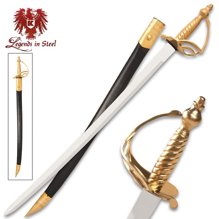 Legends in Steel 1776 Battle of Bunker Hill sword shown in full, atop black and brass scabbard, and with ornate brass handle. 