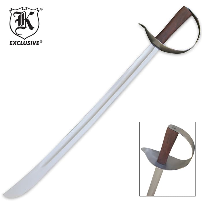 K Exclusive pirates cutlass shown with polished stainless steel blade and hardwood handle. 