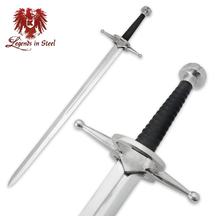 Legends in Steel great sword shown with black two-handed handle and oversized guard and pommel. 