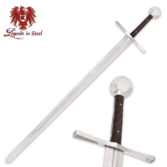 Legends in Steel Crusader Sword has a 34” high carbon steel blade and brown wooden grip with grooves. 