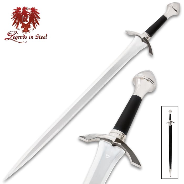 Legends in Steel Medieval short sword shown in full with closeup of the black handgrip and inside a black scabbard. 