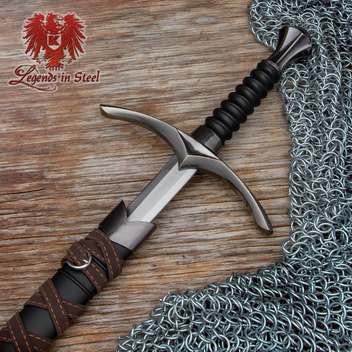 The Legends In Steel Mini Replica Medieval Broadsword displayed in its scabbard