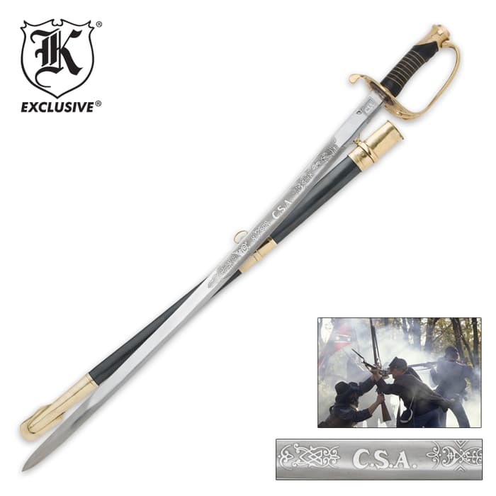 K Exclusive CSA Cavalry Saber Sword with “C.S.A.” etched on the blade shown with black finished scabbard.