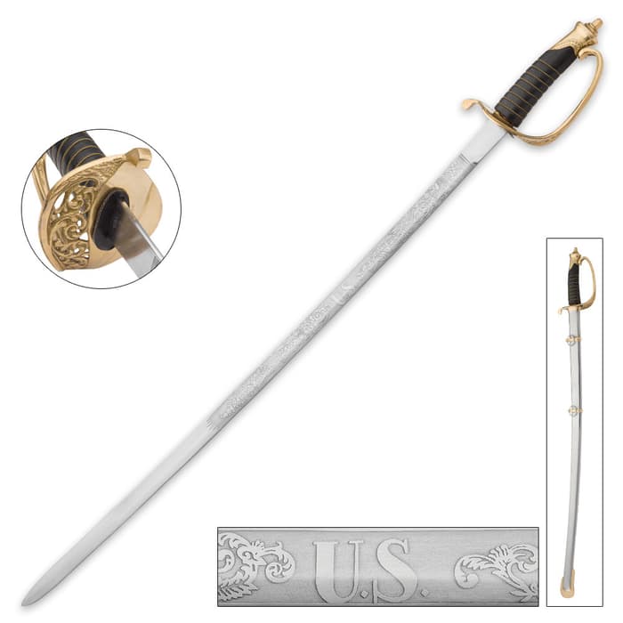 Union Foot Officers Sword show in various detail with U.S. etched on the blade, ornate brass handguard, and matching metal scabbard.