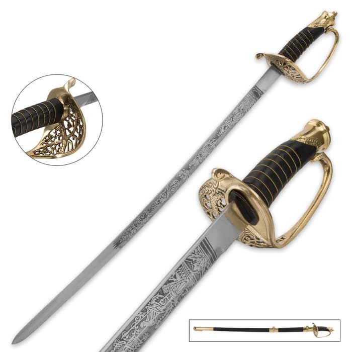 Field officers sword shown from various angles, with a focus on the detailed brass guard, etching on the blade, and metal scabbard with brass fittings. 