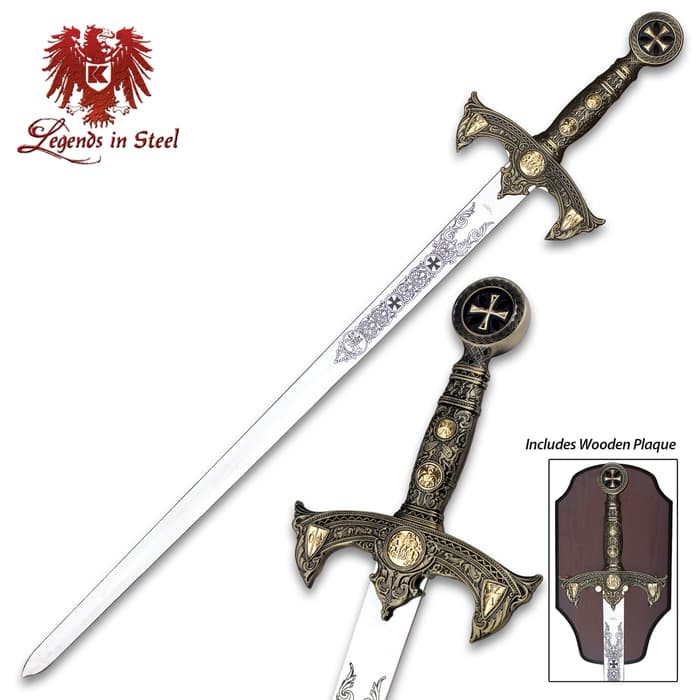 Legends in Steel Knights Templar long sword shown with detailed cast metal handle, guard and pommel and with wooden plaque. 