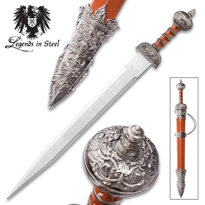 Legends in Steel Roman Guard Gladius sword is shown to have intricate cast detailing on the scabbard, guard, and pommel. 
