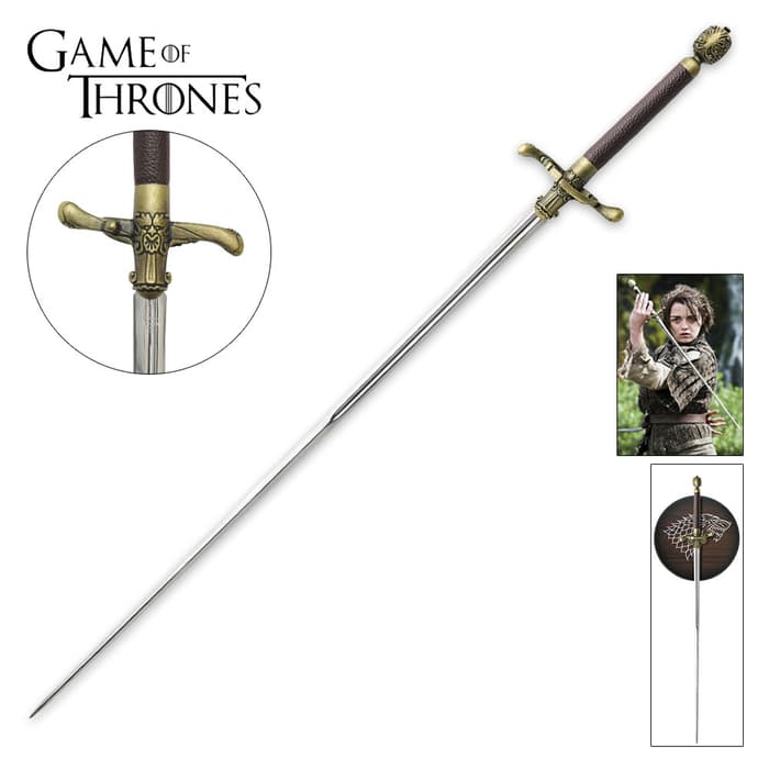 Game of Thrones Needle Sword shown held by the character Arya Stark and with detailed views of the ornate guard. 