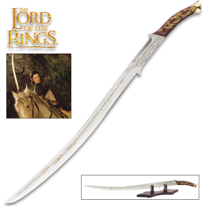 Lord of the Rings stainless curved sword of Arwen Evenstar etched with gold vines on wood grip next to LOTR graphic hadhafang
