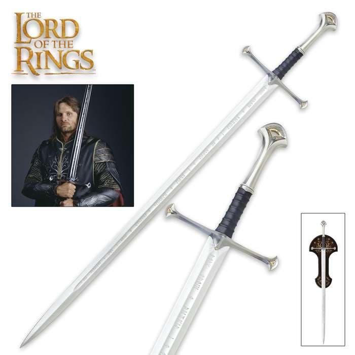 Lord of the rings character holding close up view of silver sword with leather wrapped handle. Sword laying on top brown plaque
