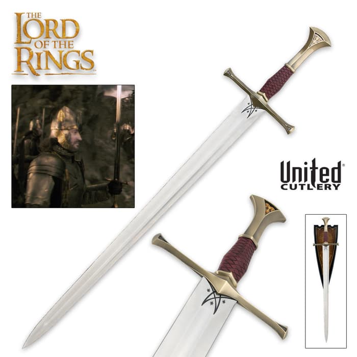 The Lord of the Rings Sword of Isildur is shown carried by the character, on a wooden plaque, and with attention to the detailed hilt. 