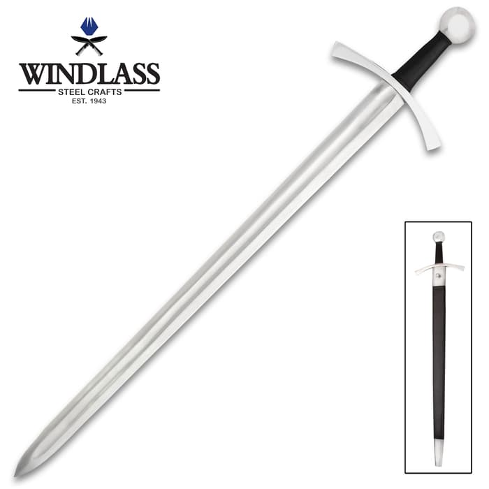 The Windlass Steelcrafts Classic Medieval Sword is an Oakeshott Type X with a Type I pommel and a Type VII crossguard