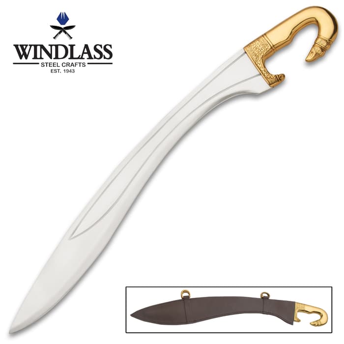 Windlass Steelcrafts Falcata Sword With Scabbard - 1065 High Carbon Steel Blade, Solid Brass Handle - Length 25 1/4”