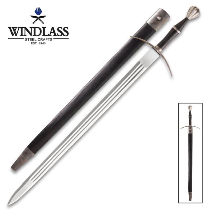 Windlass Steelcrafts Bastard Sword - 1065 High Carbon Steel Blade, Leather Grip, Antiqued Steel Crossguard And Pommel