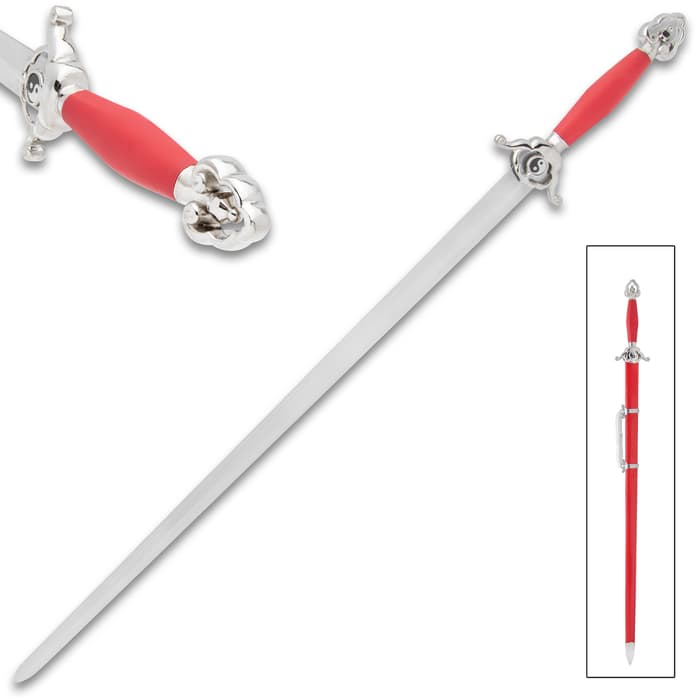 Red Tai Chi sword shown from three views: zoomed view of red TPU handle, in full and inside matching red TPD scabbard. 