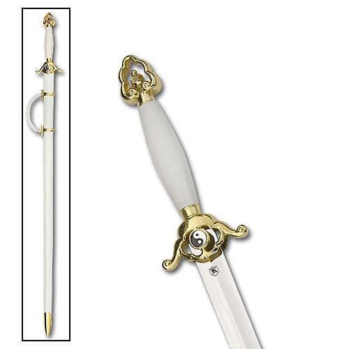 White Tai Chi sword shown inside coordinating white and brass sheath with a detailed look at the brass plated pommel and guard with Yin Yang symbol. 