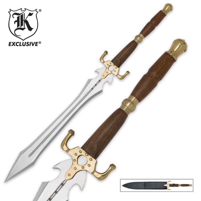 K Exclusive Celtic Warrior Sword shown in full, with detailed view of the hardwood handle, and inside a leather scabbard. 