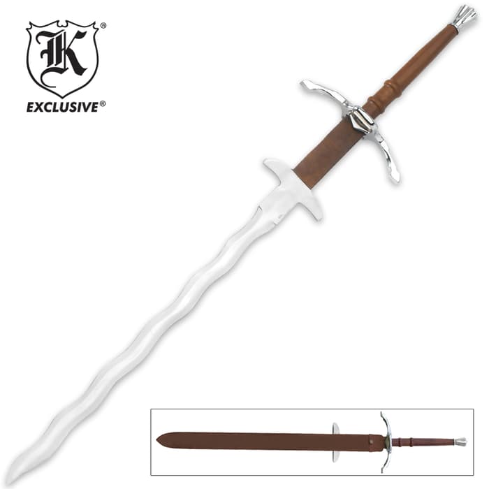 K Exclusive Bastard Kriss Sword shown with full with two handed leather wrapped handle and wavy blade and shown inside scabbard. 