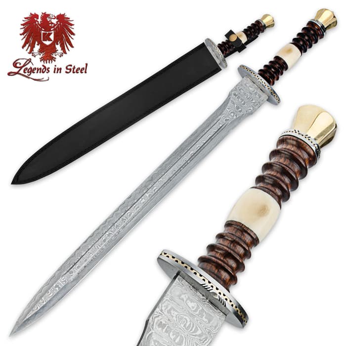 Legends in Steel Renaissance sword shown with heartwood and bone handle, Damascus steel blade, and black sheath. 