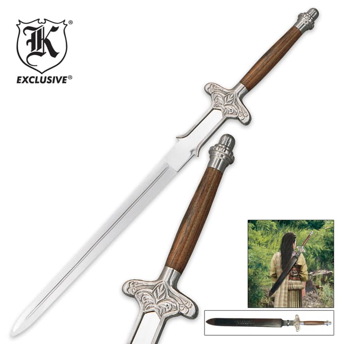 Barbarian II sword shown in full, with a zoomed view of the intricate guard and hardwood handle, and inside leather scabbard. 
