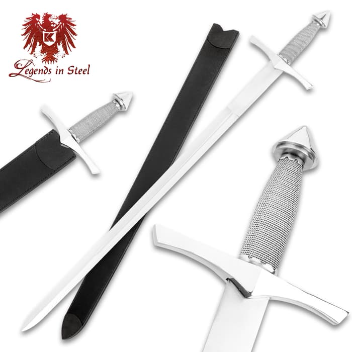 Silver Middle ages Legends in Steel sword with wire wrapped handle extended from oversized guard on top of leather sheath

