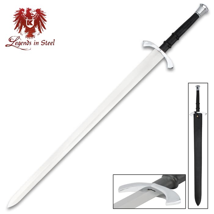 Legends in Steel Medieval Master Broadsword shown with black leather wrapped handle and black leather scabbard. 