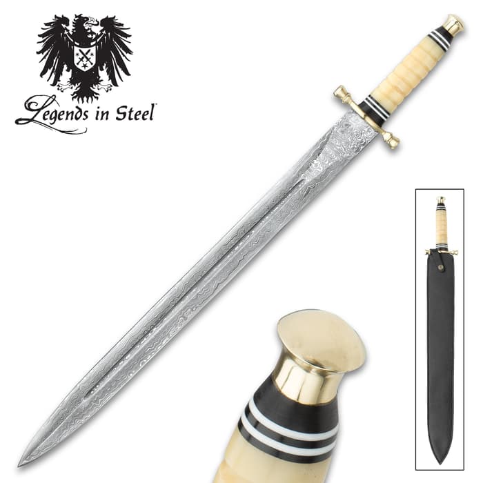 Legends in Steel sword shown with genuine bone handle and Damascus blade with black sheath. 