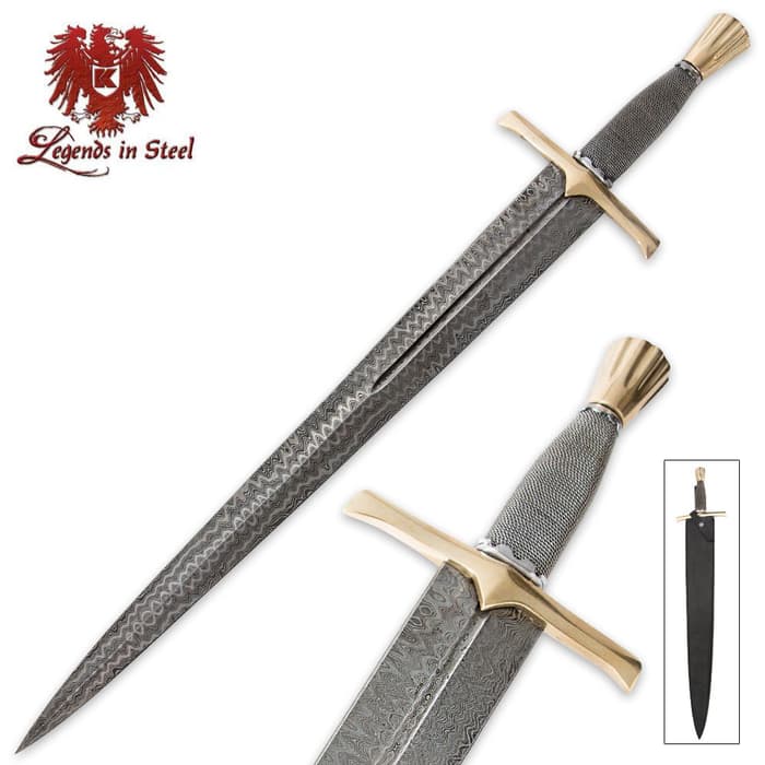Legends in Steel Medieval Sword shown with silver wire wrapped handle, Damascus steel blade, and brass guard and pommel. 