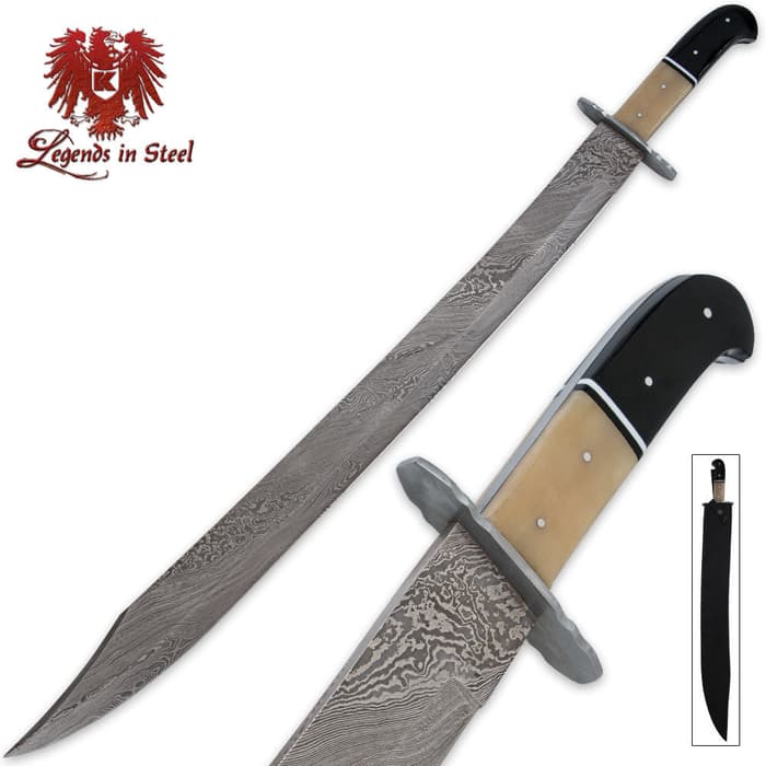 Legends in Steel Scimitar shown with bone and buffalo horn handle and Damascus steel blade. 