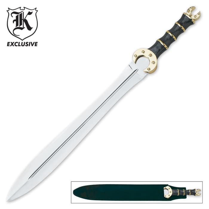 K Exclusive Celtic dress sword shown in full with polished blade and inside leather scabbard. 