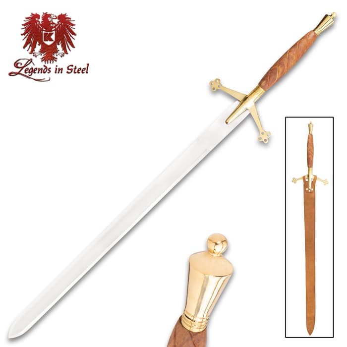 Legends in Steel Scottish Early Pattern Claymore shown in full, inside tan colored scabbard, and with a close up view of the brass plated pommel. 