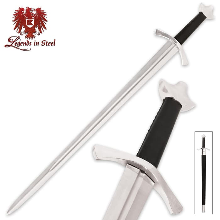 Legends in Steel Knight Sword has a 33” high carbon steel blade, chrome plated guard, and black wooden and leather scabbard. 