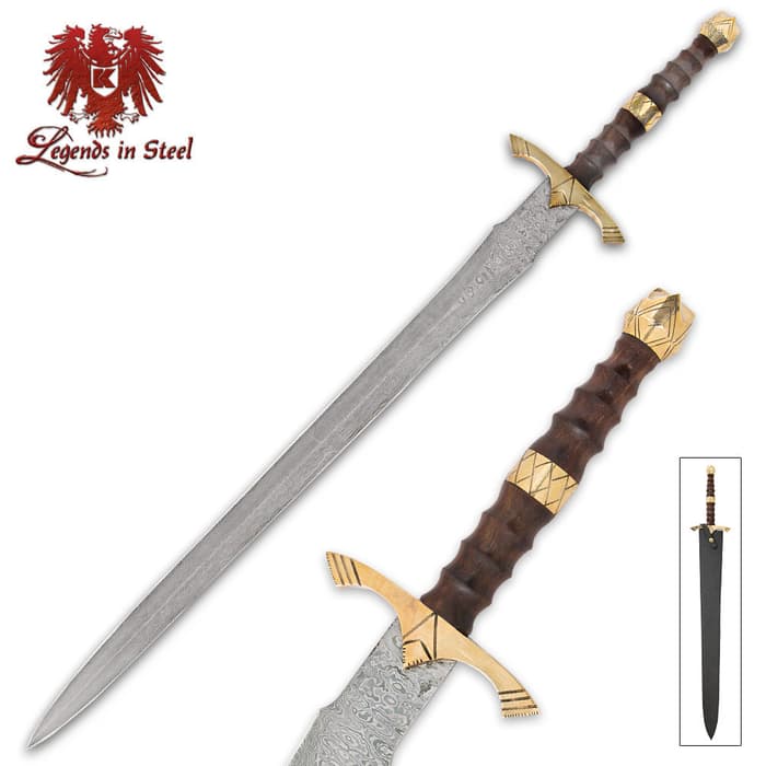 Legends in Steel sword shown with Damascus steel blade and heartwood handle with brass accents. 