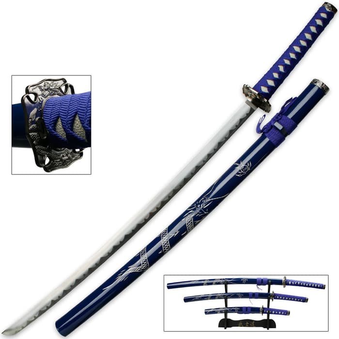 Royal Blue Dragon Imperial Samurai Sword is a three piece set, shown on black display, with blue scabbard and handle. 