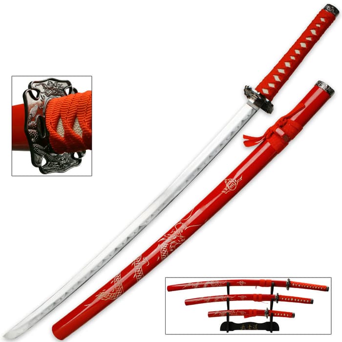 Red Dragon Imperial Samurai Sword Set with three swords all have red coordinating scabbards and fit on a wooden display. 