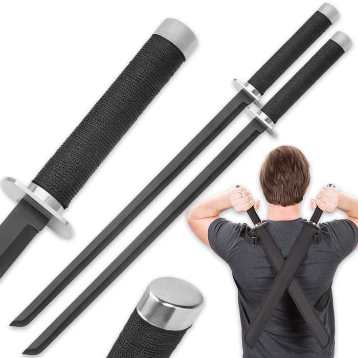 Double Strike Ninja Twin Swords shown side-by-side, with cord wrapped handle, and strapped across a man’s back. 
