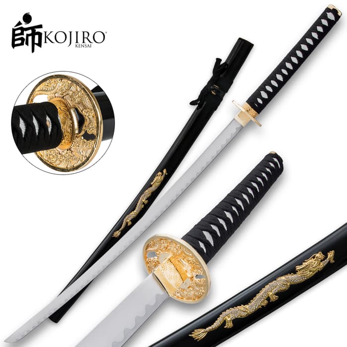 Kojiro Samurai Warrior Katana shown with black scabbard and handle with gold detailing throughout. 