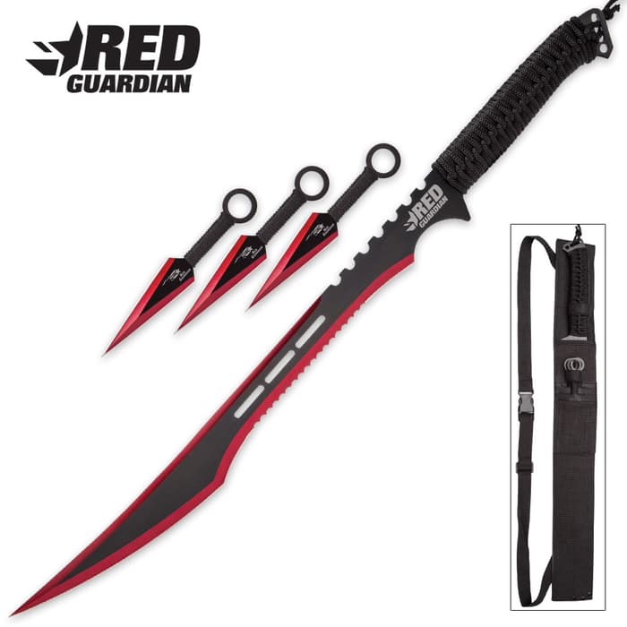 Red Guardian Ninja Sword and Kunai / Throwing Knife Set with Sheath
