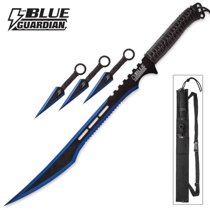Blue Guardian Ninja Sword and Kunai / Throwing Knife Set with Sheath