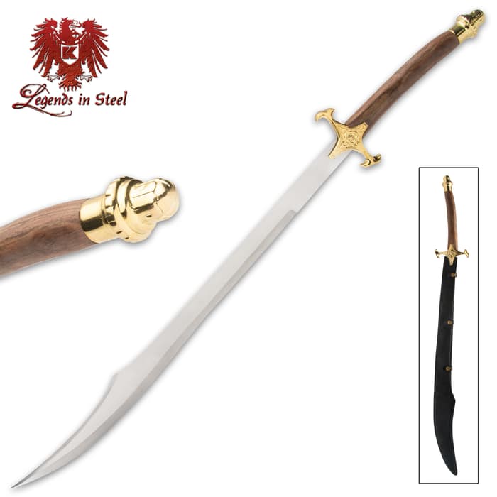 Legends in Steel Arabian Shamshir is shown with an closeup view of the brass plated pommel, in full, and inside a dark leather scabbard. 