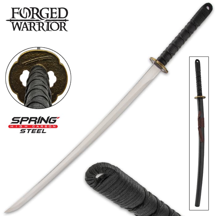 Forged Warrior Ninja Battle Sword And Scabbard - Spring Steel Blade, Wax Cord-Wrapped Handle - Length 38 1/4”