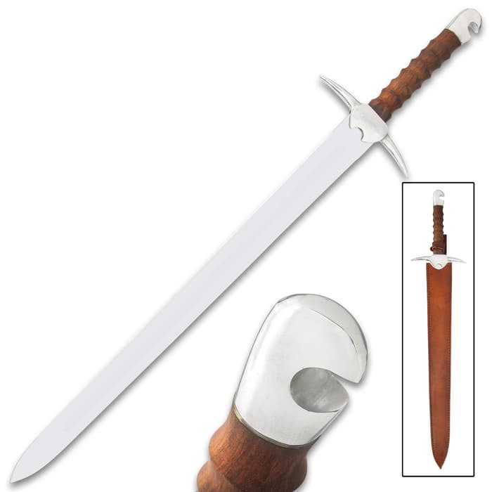 Medieval Ranger Sword With Scabbard - Stainless Steel Blade, Wooden Handle, Metal Alloy Guard And Pommel - Length 31 1/4”