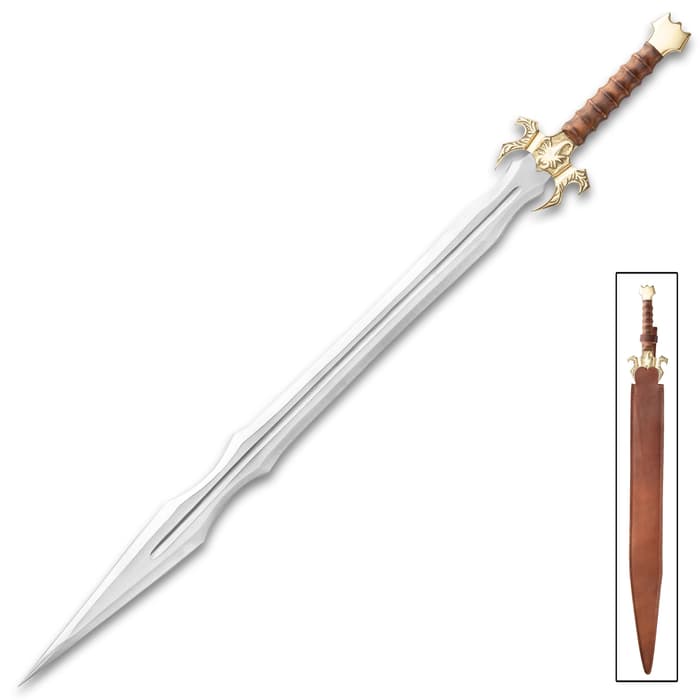 Golden Scorpion Sword And Sheath - Stainless Steel Blade, Wooden Handle, Brass Handguard And Pommel - Length 35 1/4”